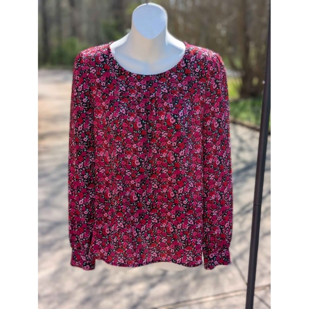 J.Crew Floral Blouse Women‎ Small Pink Red Long Sleeve Keyhole Back Top
